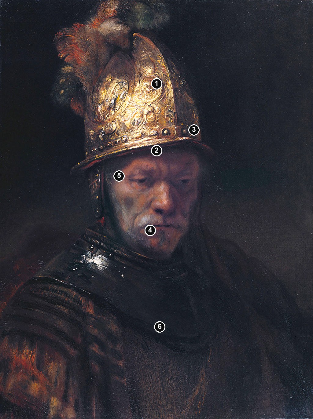 Annotated details from Man with Helmet by a Rembrandt follower, formerly attributed to Rembrandt